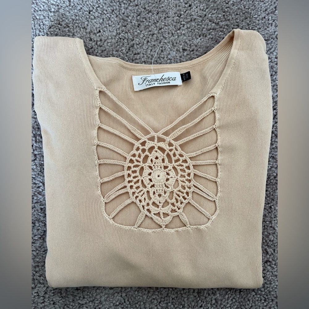 VNT Franchesca 3/4 Length Sleeve Boho Top with Crochet Embellishments 🌼